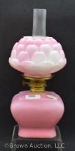 Pink satin glass miniature oil lamp with artichoke shade