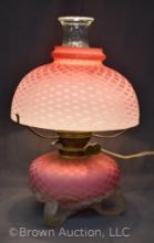 Pink satin Mother of Pearl Diamond Quilted elec. kerosene lamp with ornate applied feet - works!