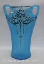 Tiffin blue satin glass 9.5"h dbl. handled vase with Art Deco silver overlay design