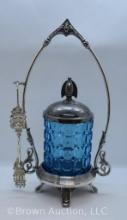 EAPG Waffle pattern sapphire blue pickle castor in Simpson Hall and Miller silverplate holder +