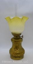 Miniature oil lamp - gold embossed metal base with yellow opalescent Diamond Quilted Mother-of-Pearl