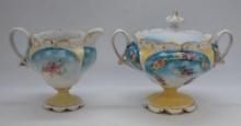 R.S. Prussia Mold 607 creamer and cov. sugar, small pink floral sprays, red mark