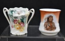 (2) Porcelain toothpick holders: RSP dbl. handled, floral design; mrkd. Royal Saxe with Indian