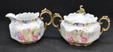 R.S. Prussia Mold 537 creamer and cov. sugar, Roses and Snowballs, red mark