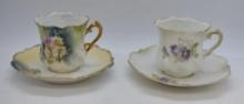 (2) Demi-tasse cup and saucer sets, floral designs, 1-mrkd. R.S. Germany