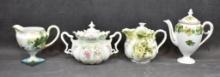 (4) Handpainted porcelain pcs: demi teapot, syrup, creamer, cov. sugar - Prov Saxe, RSP, etc.