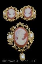 Victorian Cameo brooch and earrings, gold filigree frame with pearl accents