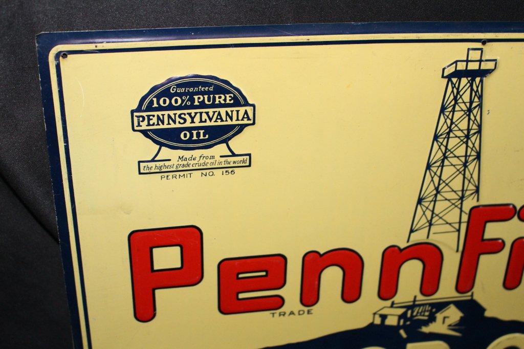 PENNFIELD MOTOR OIL PENNSYLVANIA OIL TIN SIGN