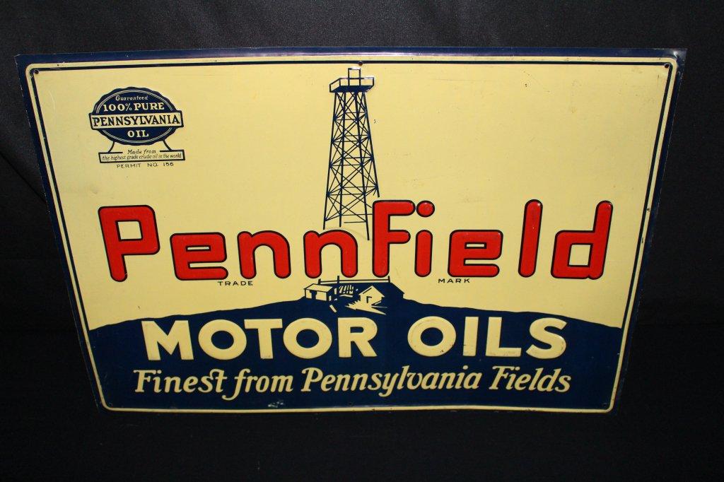 PENNFIELD MOTOR OIL PENNSYLVANIA OIL TIN SIGN