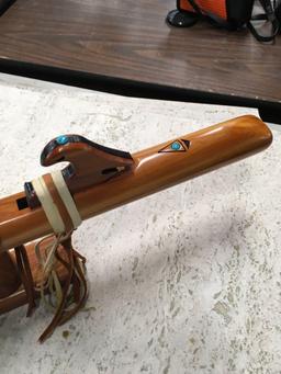 High Spirits Wooden Flute with stand. Fulte has turquoise accents. approx. 23"long