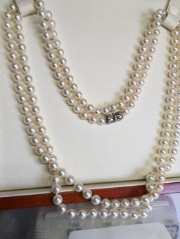 50" Pearl Necklace 14K White Gold Diamond Screw clasp containing 12 Single Cut Diamonds