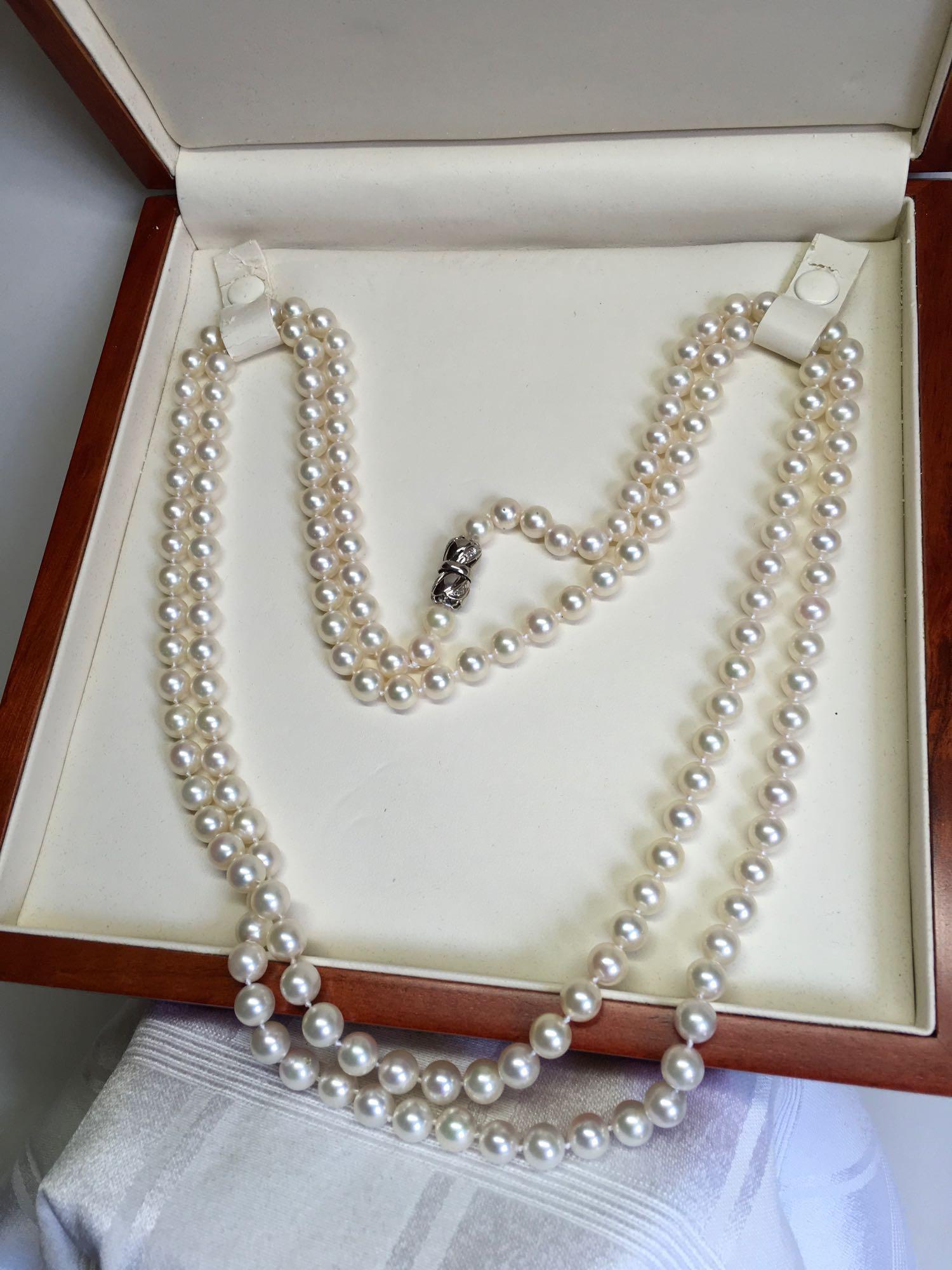 50" Pearl Necklace 14K White Gold Diamond Screw clasp containing 12 Single Cut Diamonds