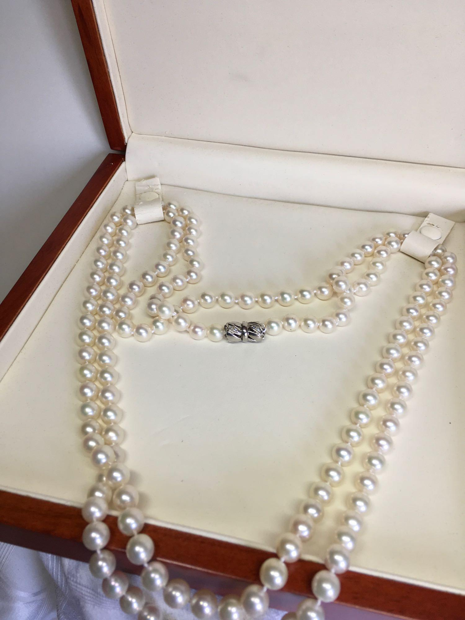 50" Pearl Necklace 14K White Gold Diamond Screw clasp containing 12 Single Cut Diamonds