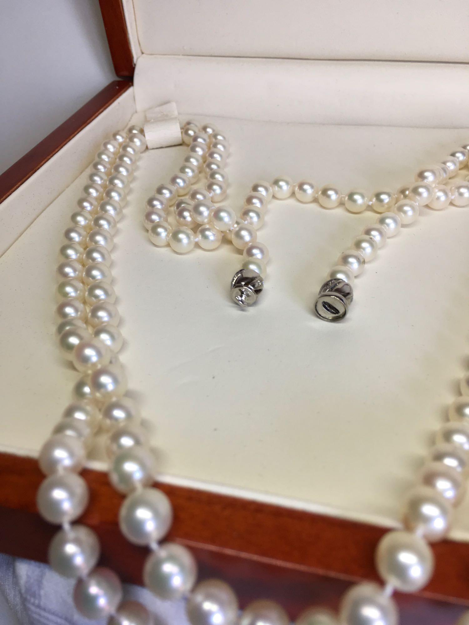 50" Pearl Necklace 14K White Gold Diamond Screw clasp containing 12 Single Cut Diamonds