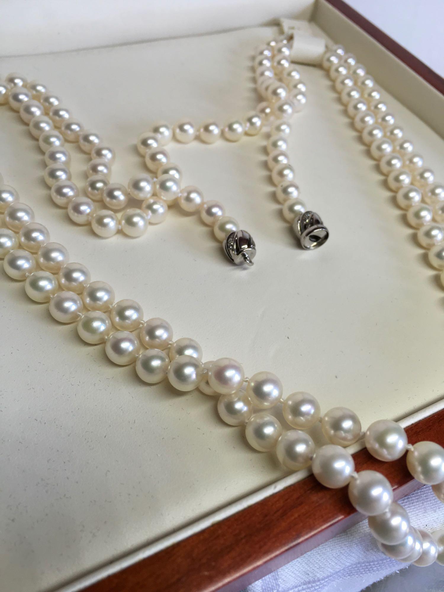 50" Pearl Necklace 14K White Gold Diamond Screw clasp containing 12 Single Cut Diamonds