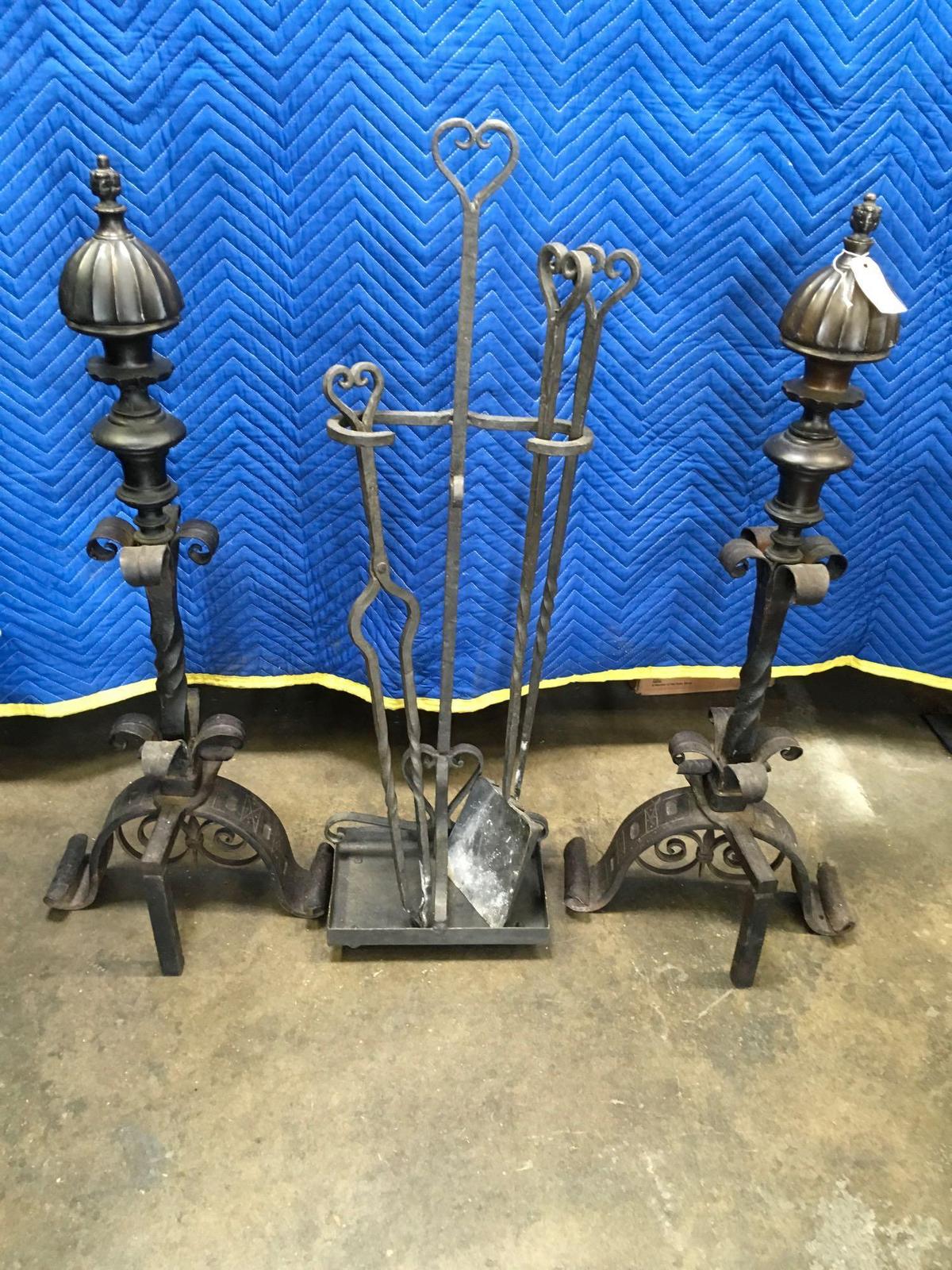 Antique fireplace ends and tool rack with tools. Steel Heavy!