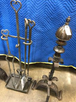 Antique fireplace ends and tool rack with tools. Steel Heavy!