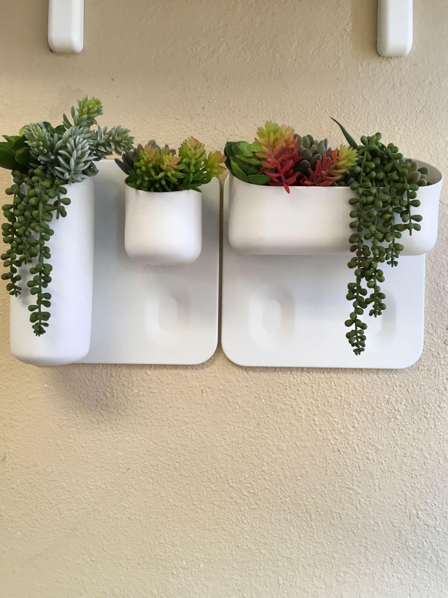 Wall Decor, Sconce Light Fixture, Shelf with Brackets, 2 Planters with Artificial Plants