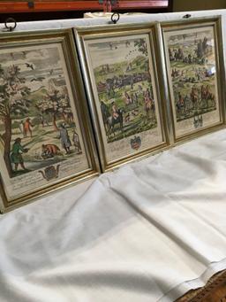 Prints, Angling, Patridg Hawking, Vnharbovring Ye Stagg, dedicated by Richard Blume, 3 piece set