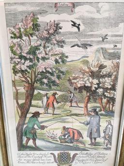 Prints, Angling, Patridg Hawking, Vnharbovring Ye Stagg, dedicated by Richard Blume, 3 piece set