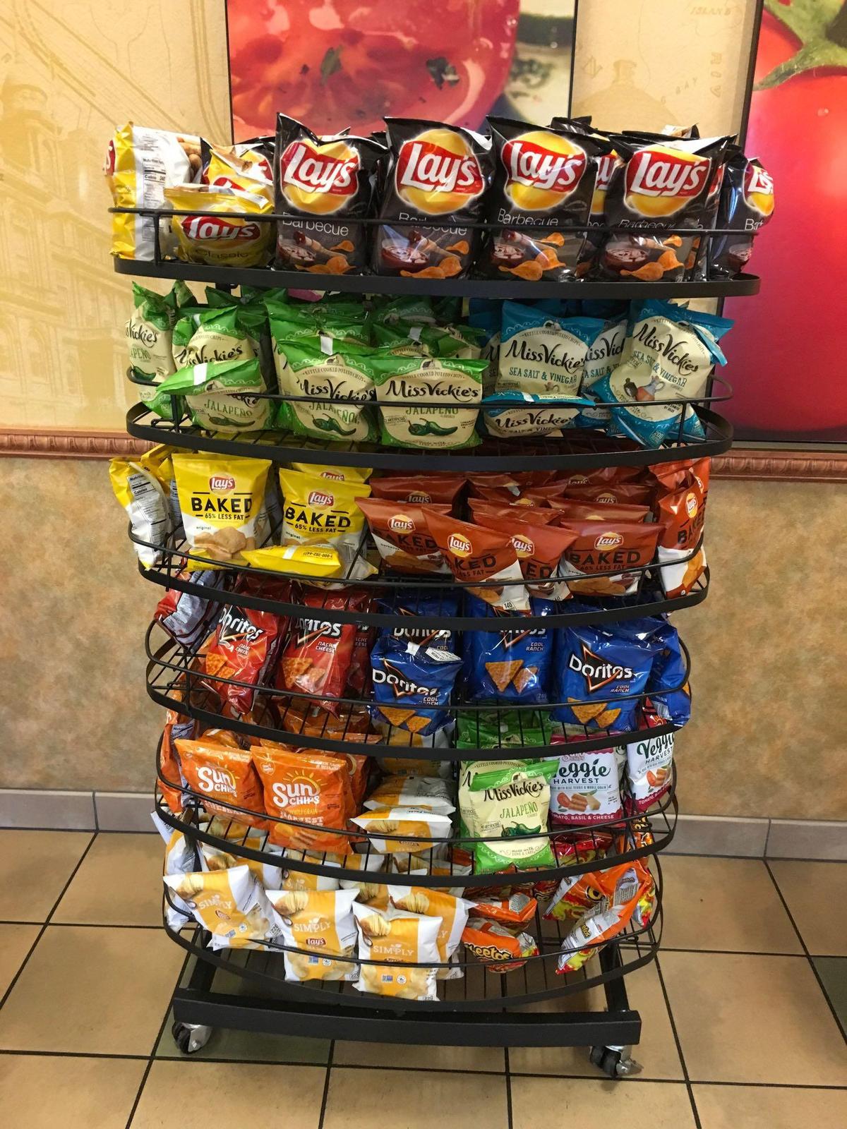 6 tier rolling display rack. Does not include potato chips