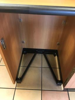 Trash receptacle, tray shelf, with rolling trash liner