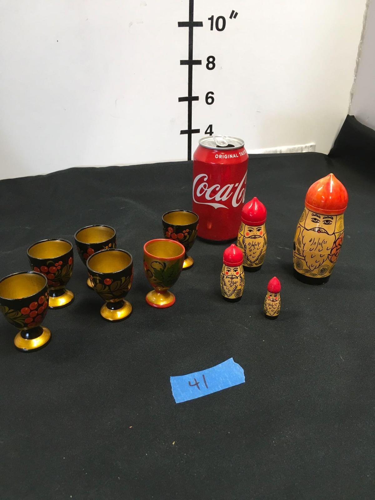 Russian hand painted lacquer cups and nesting doll