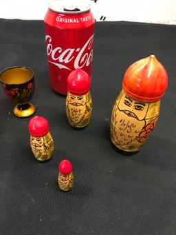 Russian hand painted lacquer cups and nesting doll