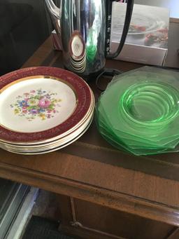 Lot. Decorative serving plate, Mikasa bowl, server, fondue bowl, baskets, etc