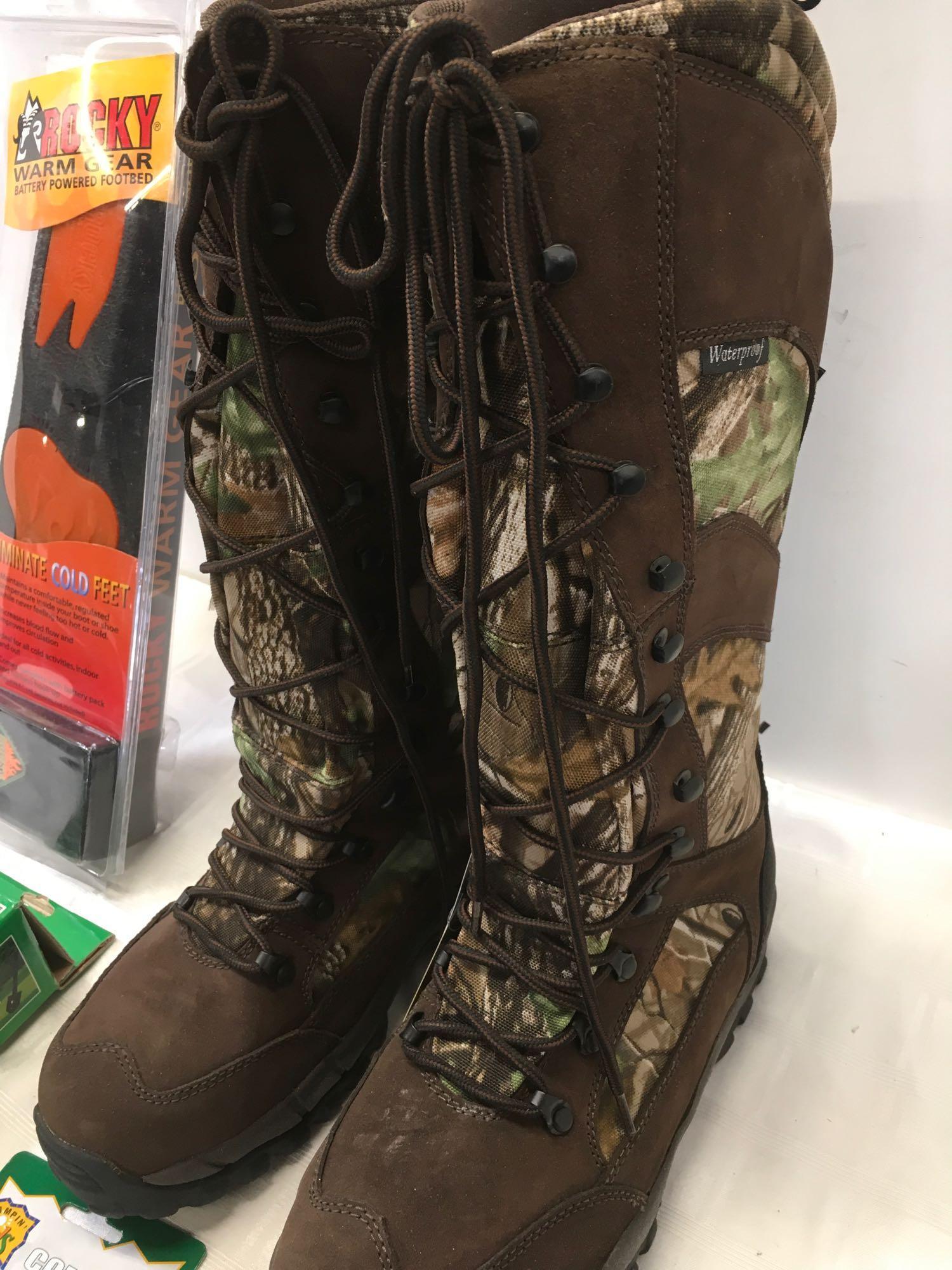 New Camo Hunting Boots size 8.5, Rocky footbed, foldable shovel and compass