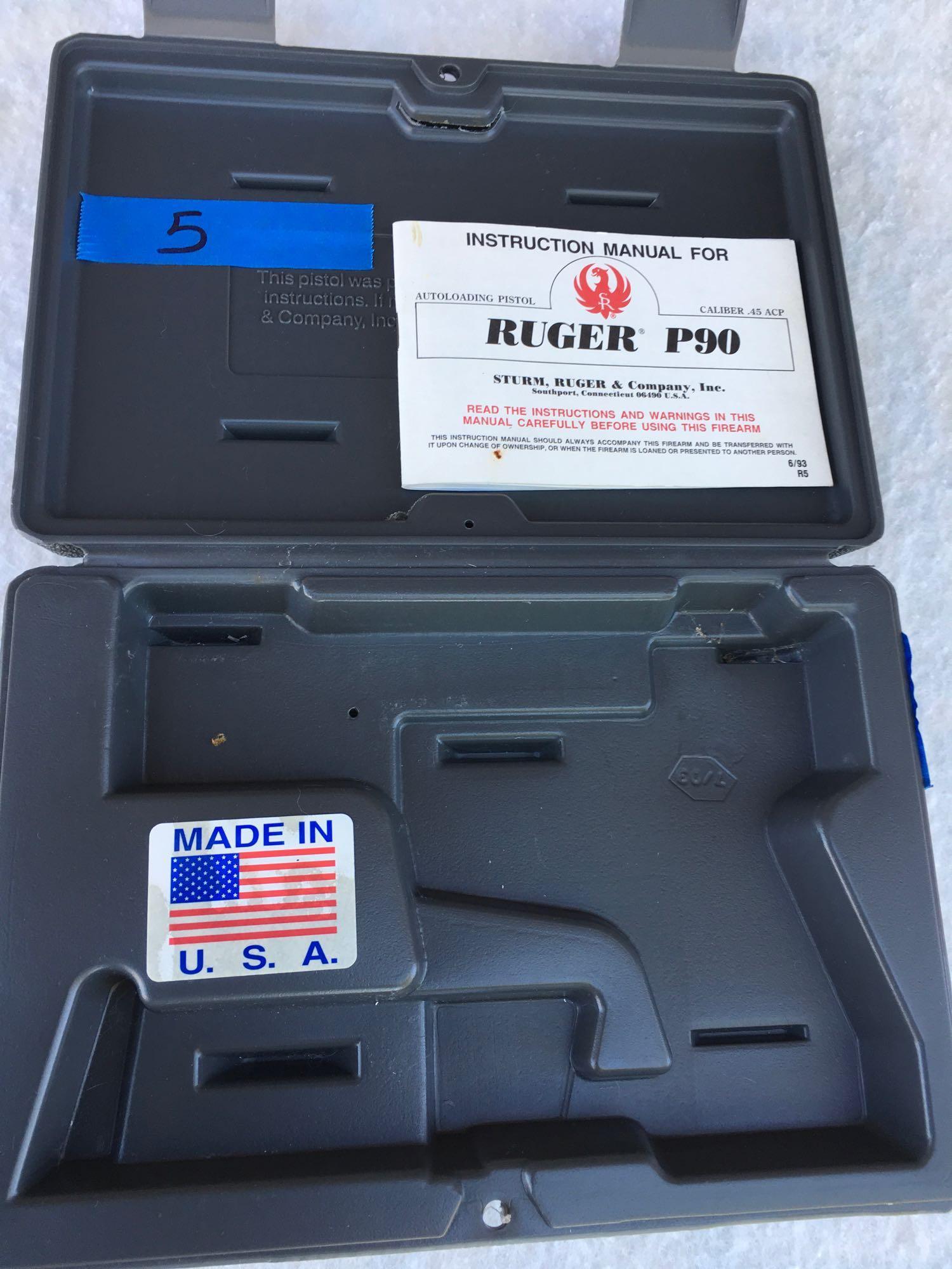 Firearms: Ruger P90 pistol. .45 ACP caliber. Serial # 660-76525. 2 clips ( NOT FOR SALE IN CALIF. )