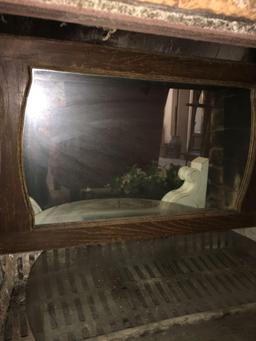 Lot. 28" x 18" mirror, 24" round glass, two decorative items, artificial plant, fireplace rack