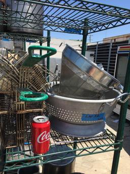 Lot of miscellaneous items, fry baskets, strainers, colanders.