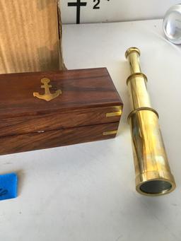 New nautical. 9" brass finish, telescope with wooden box. Each box contains 12 pieces ( office use