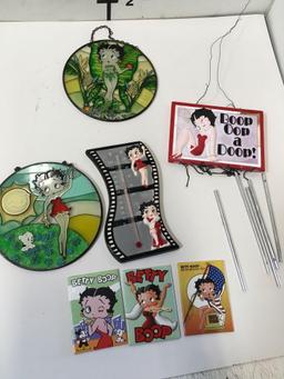 Betty Boop wind chimes, thermostat, glass art and magnets