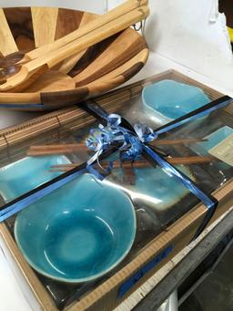 Wood salad mixer bowl and Aqua 12 piece Asian dinner set