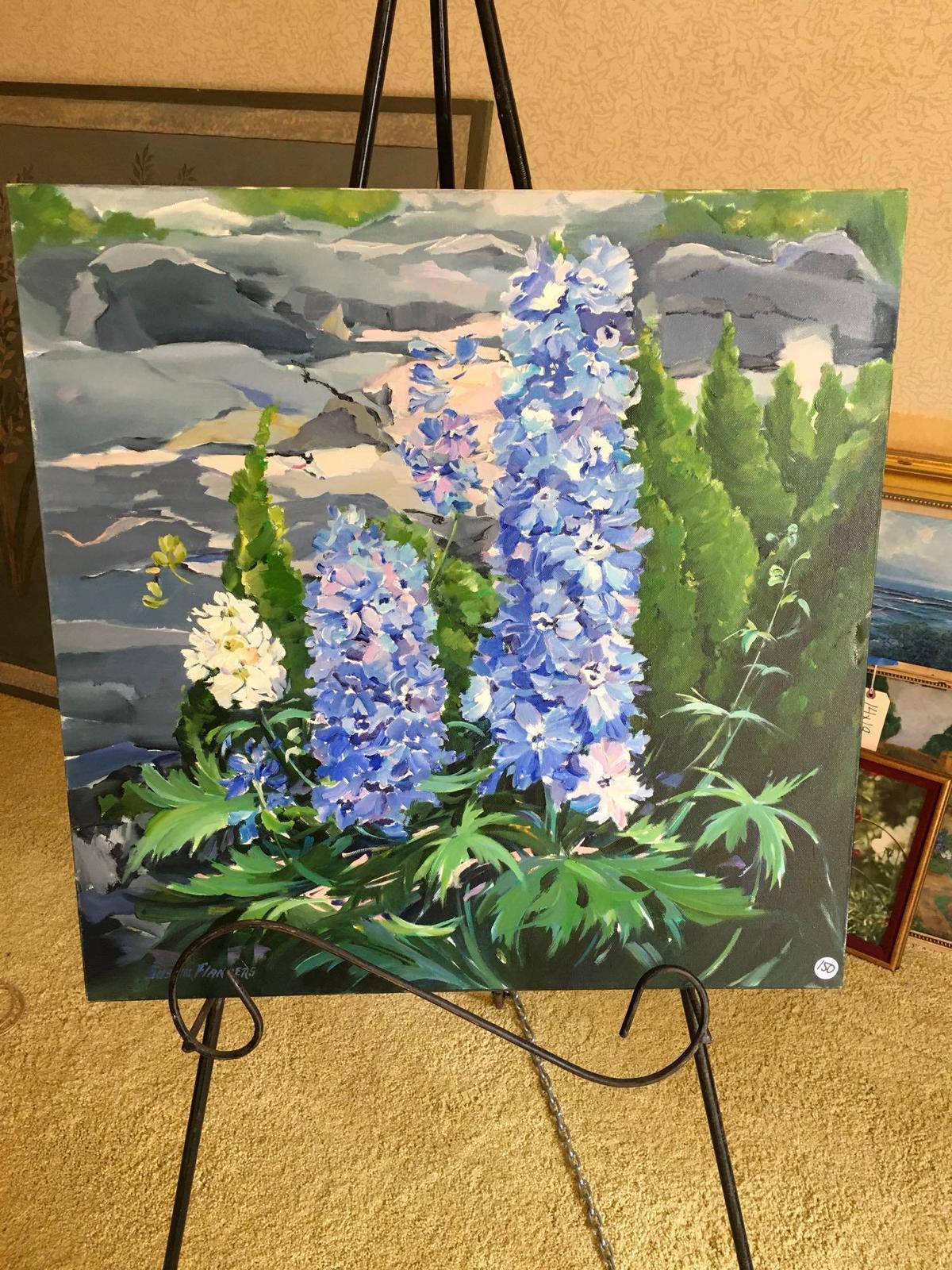 " Delphinium", signature Susan Flanders , oil on canvas framed art, approximately 24" x 24"