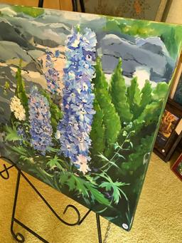 " Delphinium", signature Susan Flanders , oil on canvas framed art, approximately 24" x 24"