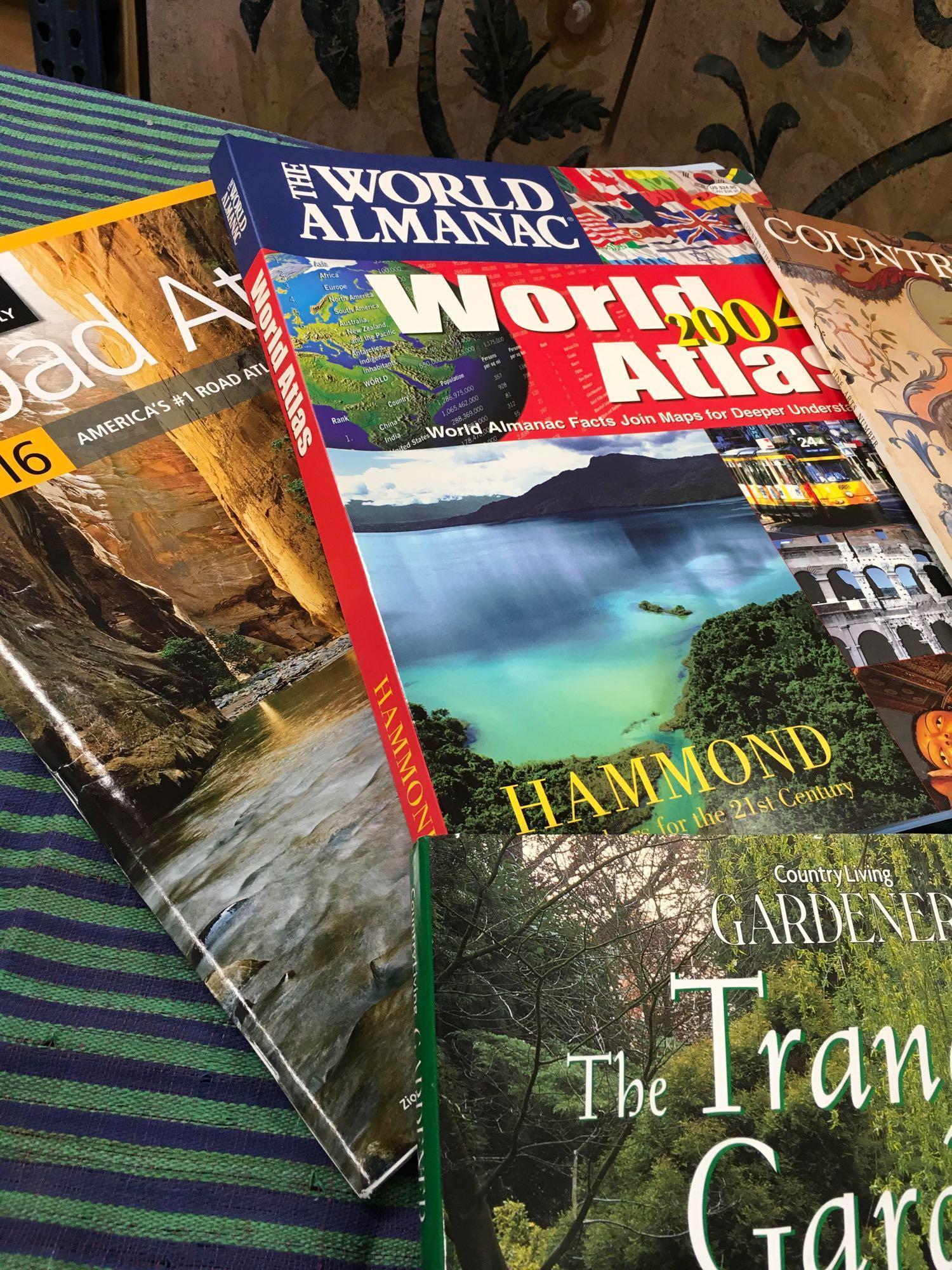 7 pieces. 2016 Road Atlas, 2004 World Atlas, Country Life, The Random House Dictionary, The Tranquil