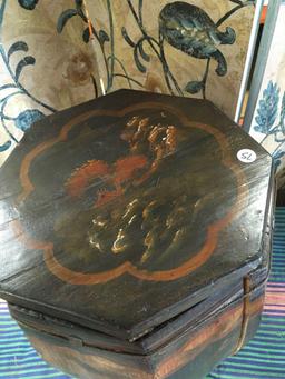 Hand painted wood barrel with lid and metal accents approximately 17" x 11"