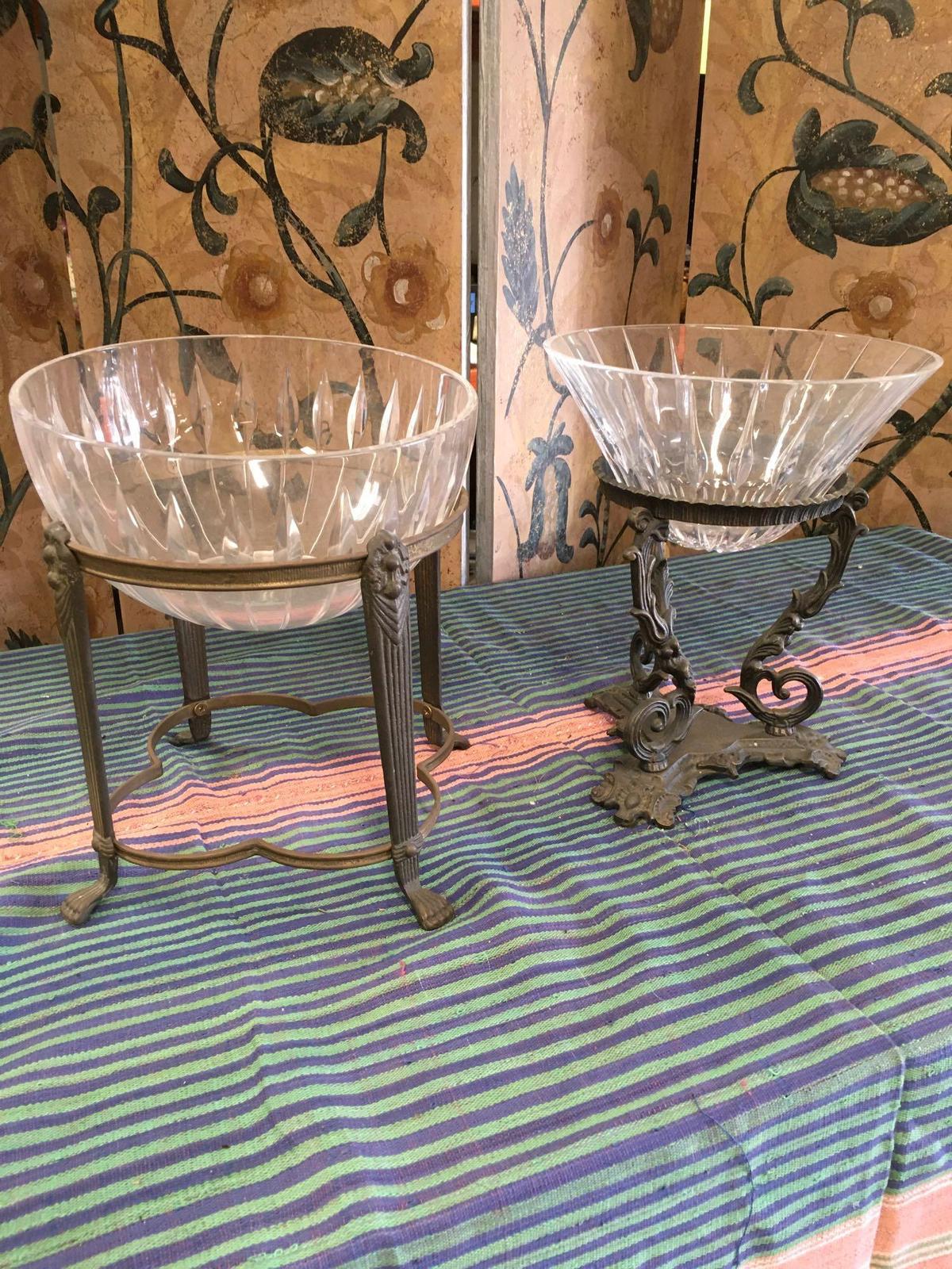 Vintage. Bowls with stands. Metal stands ( one says made in India) round glass top and v shape