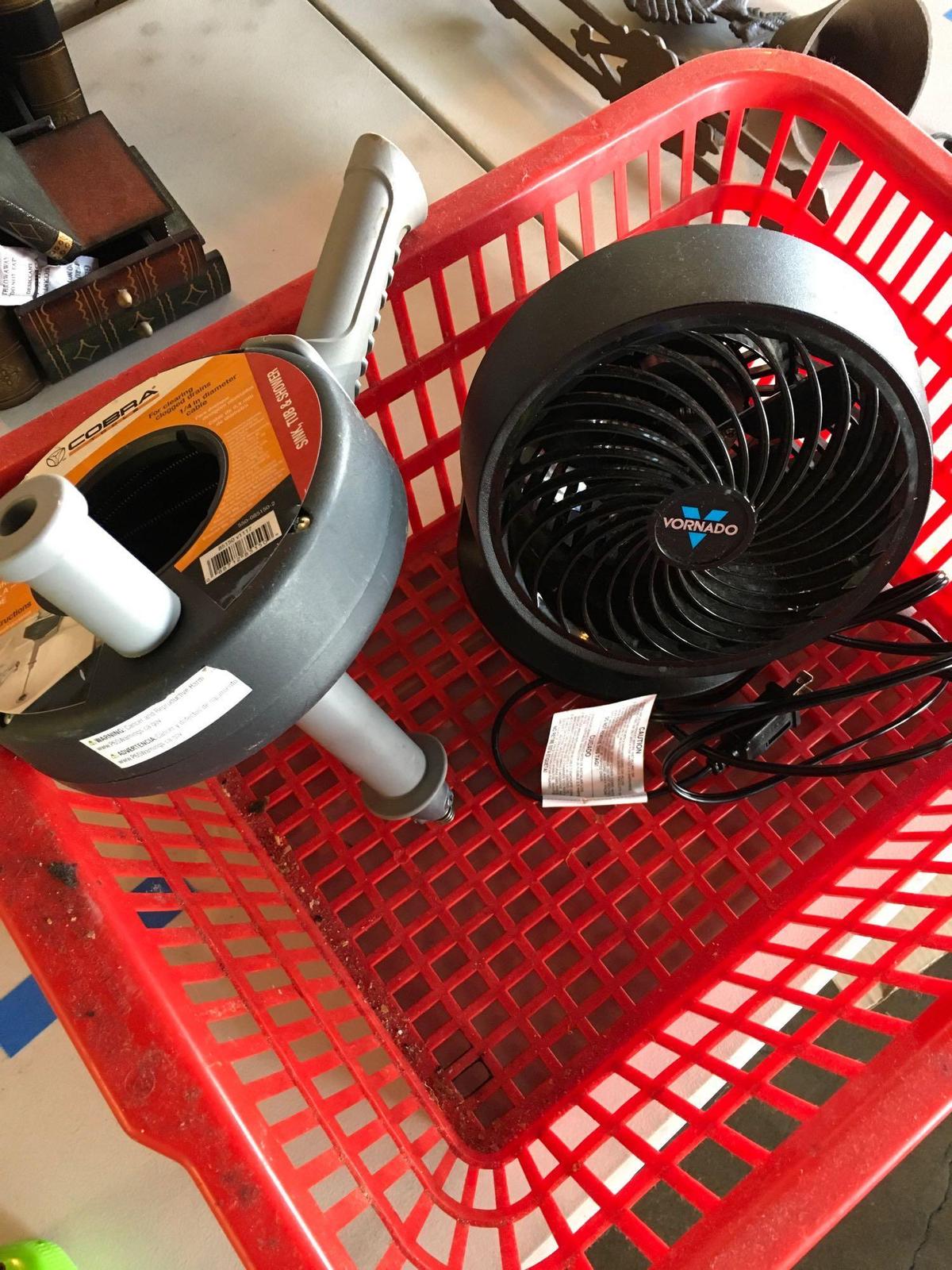 Cobra 15' pistol grip drum auger, Vornado fan, ext. Cord & Basket