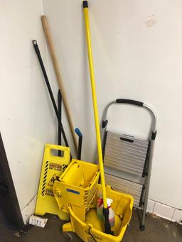 Assorted cleaning supplies, mop bucket, mop, step stool, caution sign, dust pan, broom, etc.