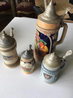 Vintage Assorted beer Steins with pewter lids