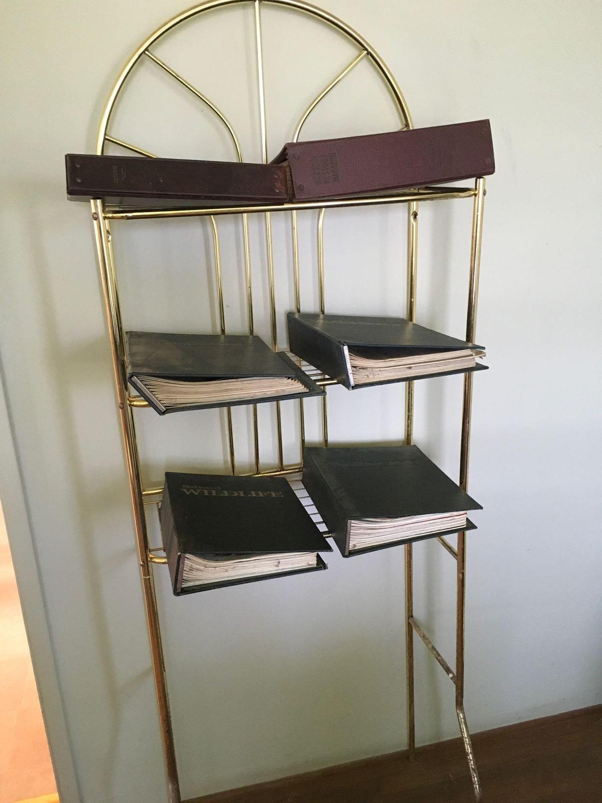 Metal bookcase & Vintage, (6) assorted binders with vintage magazines.