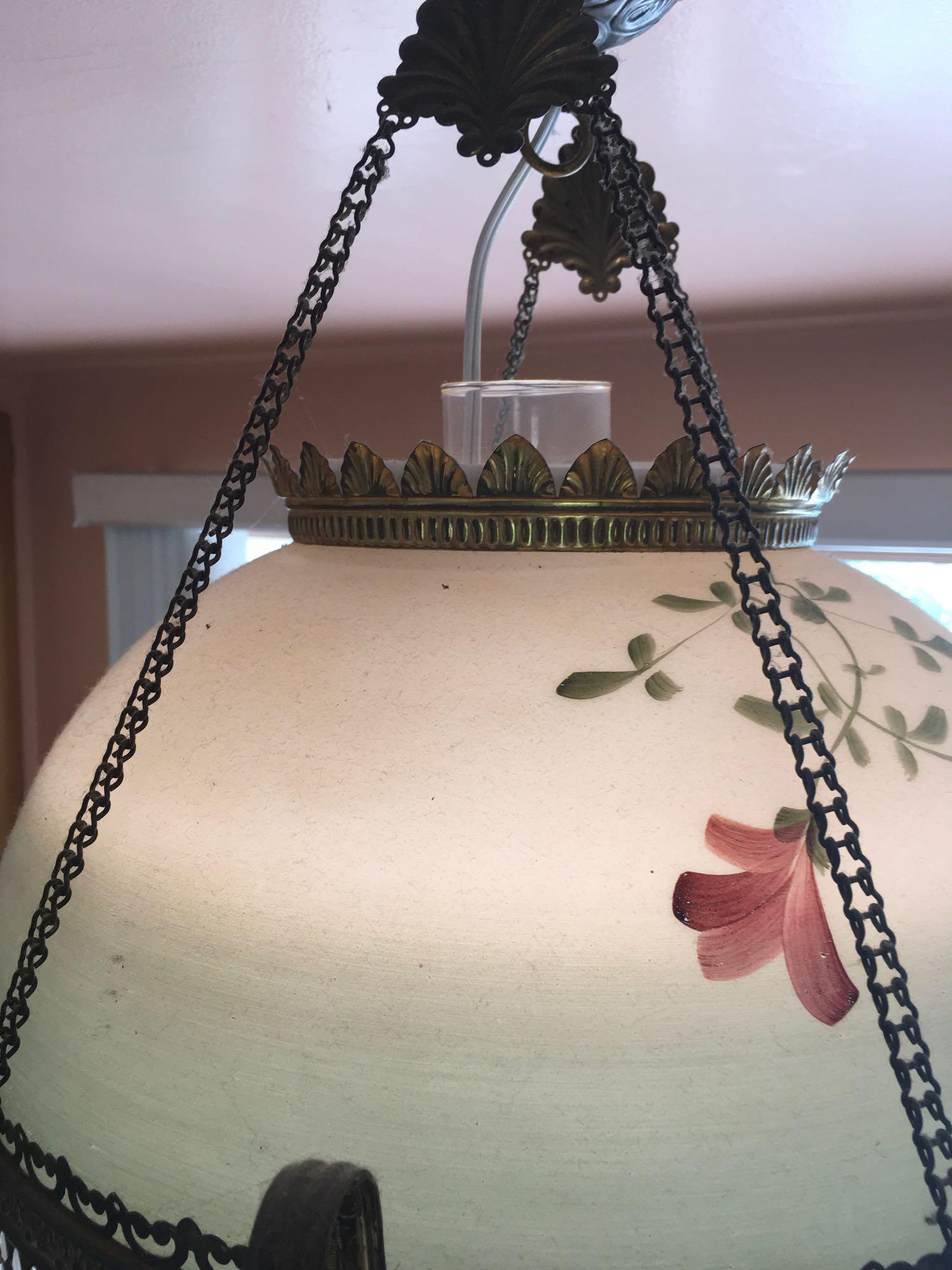 Works.Vintage Rare style hanging oil chandelier with shade & prisms. 27" x 16"