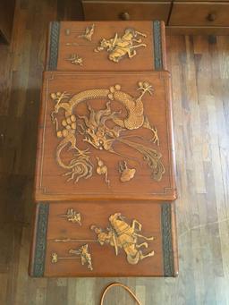 Hand carved, vintage Oriental chest with metal accents & (3) blankets/quilts