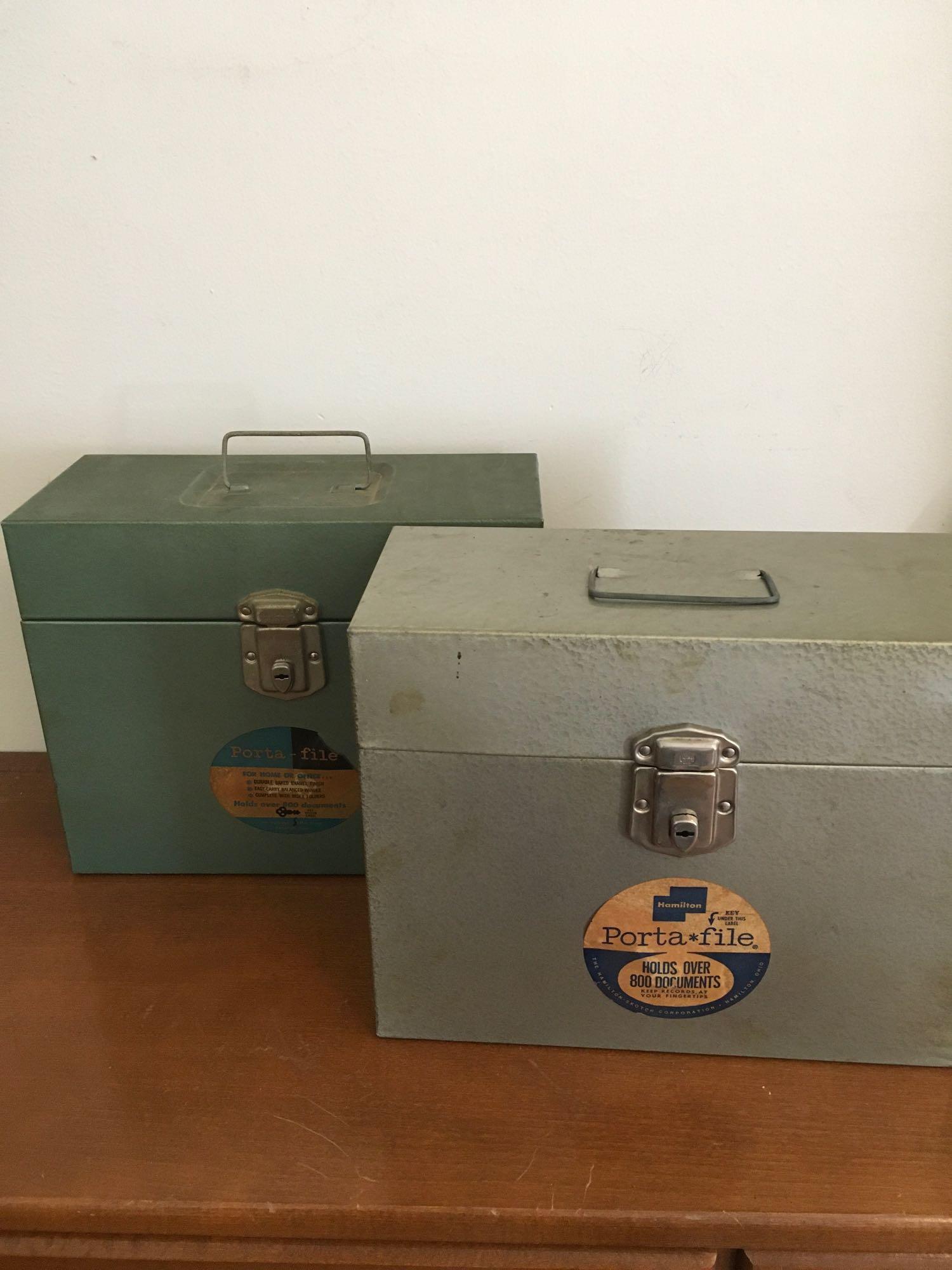 Vintage. (2) Vintage Portafile & (2) cash boxes one with keys