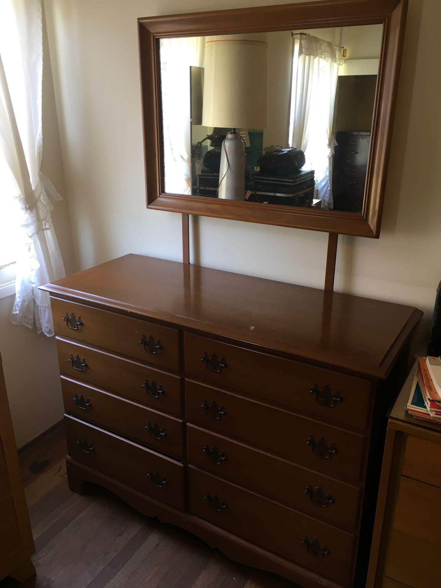 Vintage Imperial Cabinet Co. maple 8 drawer dresser with mirror. 72" ( includes mirror) x 50" x 19"