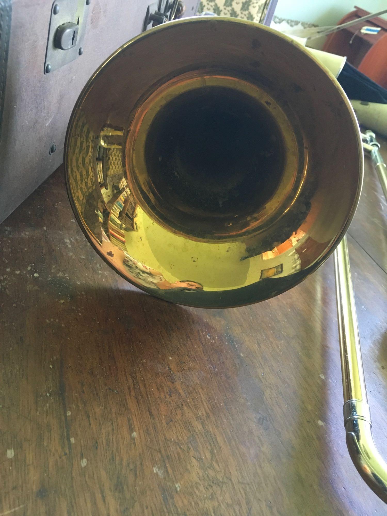 C.G. Conn Trombone Ser. #349013 has Engraved 7" Bell, some minor dents, accessories, West Craft case